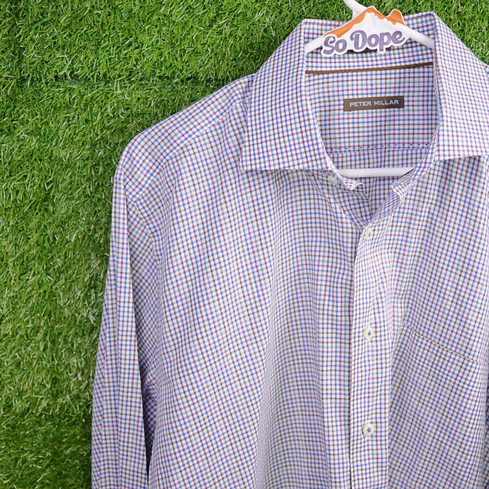 Peter Millar Micro Check Long Sleeve Sport Shirt Blue Purple Brown- Men's Size L